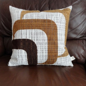 vintage Hand made geometric cream beige and brown square open weave 1970s fabric cushion cover 18” x 18”