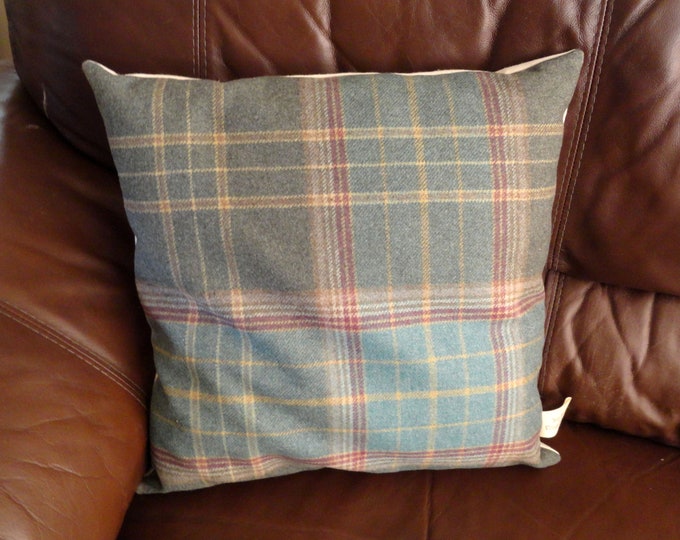 Hand made retro  Green and brown check tartan wool mix  fabric cushion cover