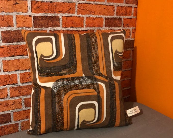 Hand made vintage  1970s   brown cream and black abstract geometric  cushion cover 16" x 16"