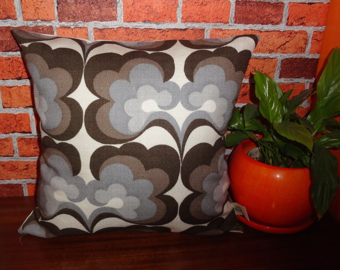 Hand made Vintage 1970s grey and slate blue floral geometric cushion cover