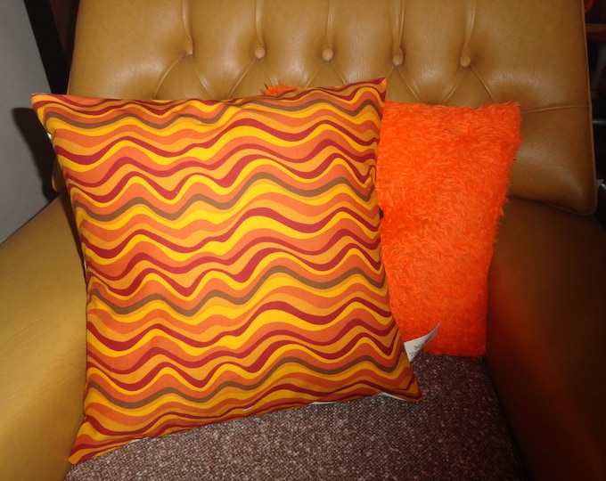 Hand made vintage retro 1960s/70s mid century shades of orange and brown and cream psychedelic waves cushion cover