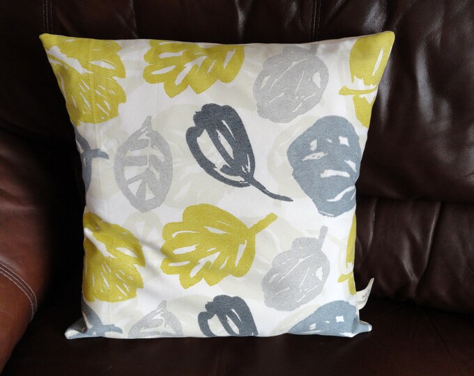 Hand made Rowan Pattern in Mimosa Mustard Yellow and Grey fabric cushion cover