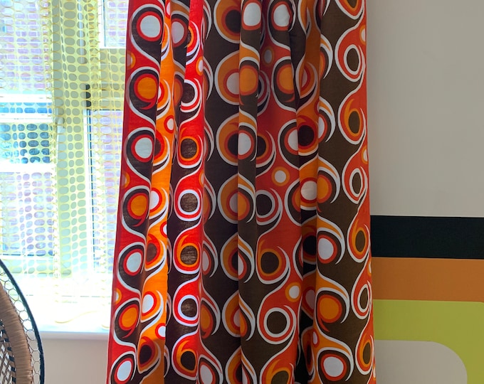 Pair of vintage retro 1960s/70s MOYGASHEL FABRIC orange and brown swirl curtains