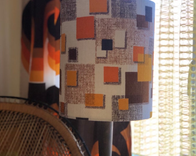 Vintage 1950s barkcloth orange brown grey and yellow geometric square pattern  fabric lampshade