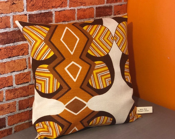 1970s brown, cream and mustard fabric  geometric leaf and diamond pattern cushion cover