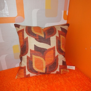 Hand made vintage retro 1960s/70s mid century orange brown and cream geometric leaf pattern cushion cover
