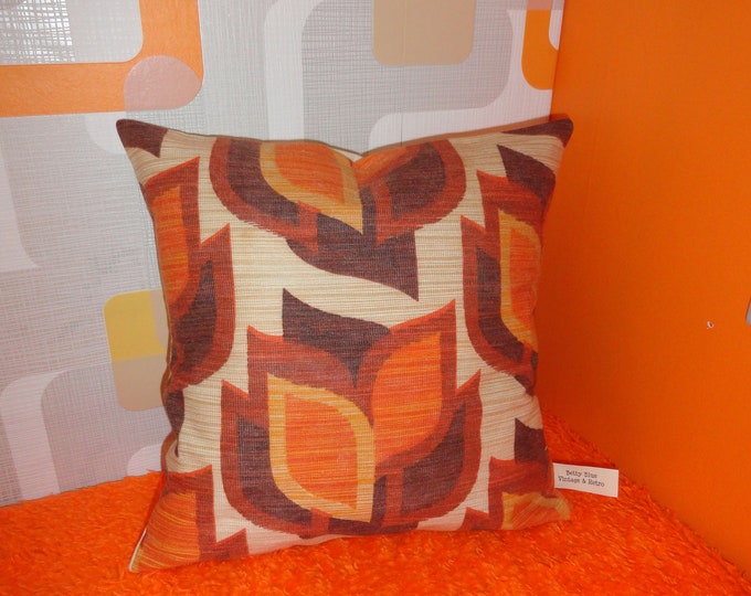 Hand made vintage retro 1960s/70s mid century orange brown and cream geometric leaf pattern cushion cover