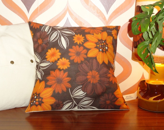 Vintage 1970s orange and brown floral cushion cover from original 1970s fabric