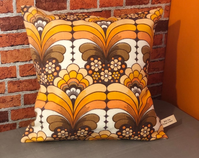 Hand made vintage fabric 1970s orange and brown striped fan and flower pattern cushion cover 18" x 18"