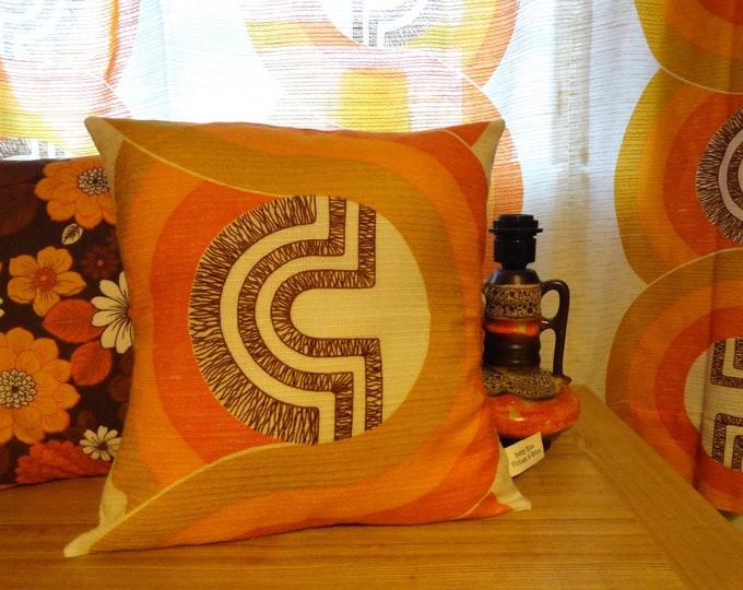 Hand made vintage retro 1960s/70s  yellow  and orange abstract swirl  cushion cover