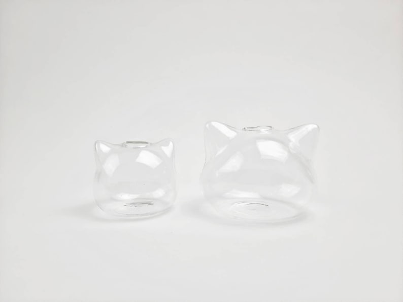 May include: Two clear glass vases shaped like cat heads. The larger vase is in the background and the smaller vase is in the foreground.