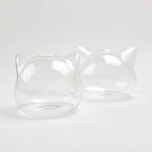 May include: Two clear glass cat-shaped vases. The vases are empty and have a smooth, rounded surface.