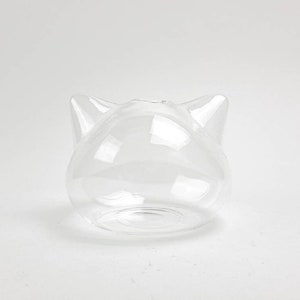 May include: A clear glass vase shaped like a cat's head. The vase has two rounded ears and a rounded body.