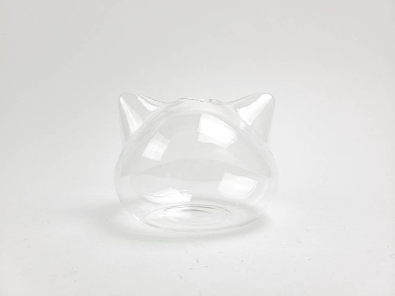 May include: A clear glass vase shaped like a cat's head. The vase has two rounded ears and a rounded body.