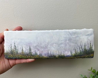 Encaustic landscape trees mountains landscape small original encaustic painting by Canadian artist Brenda Walker, unique beeswax gifts