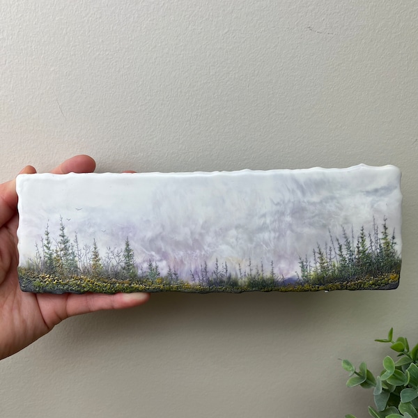 Encaustic landscape trees mountains landscape small original encaustic painting by Canadian artist Brenda Walker, unique beeswax gifts
