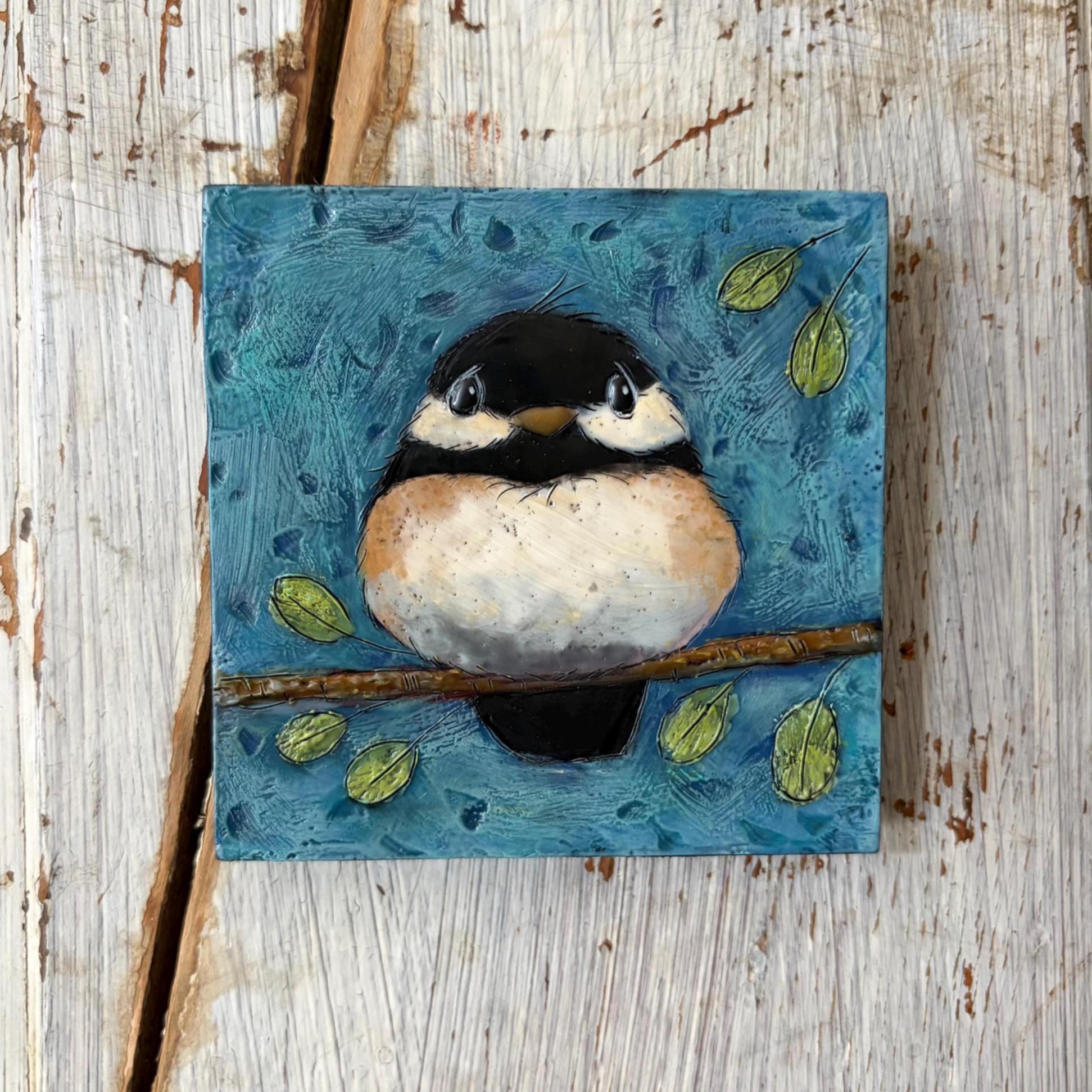 Encaustic Chickadee Painting: Mini Bird Art, Beeswax on Wood (4x4)