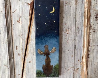 Pintura encáustica de cera de abejas de alces, estrellas y luna, Te amo hasta la luna y más allá de las estrellas, arte caprichoso, animales salvajes por la noche,