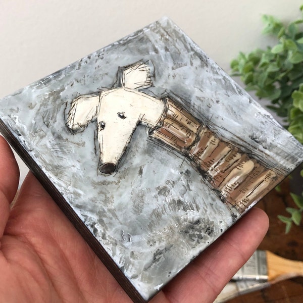 Encaustic whippet dog painting, 4”x4” mini beeswax painting encaustic art, cartoon whimsical cute dog art, Canadian Canada handmade art