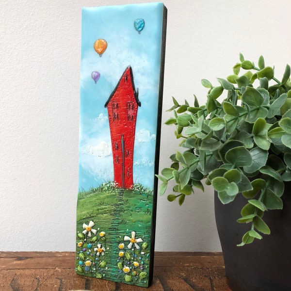 encaustic home sweet home beeswax painting, red house with white daisies hot air balloons, new house housewarming gift idea