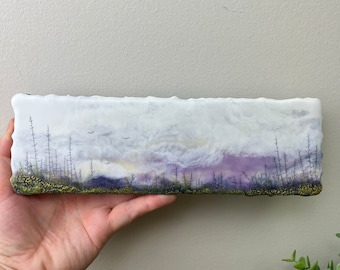 Encaustic landscape trees mountains landscape small original encaustic painting by Canadian artist Brenda Walker, unique beeswax gifts