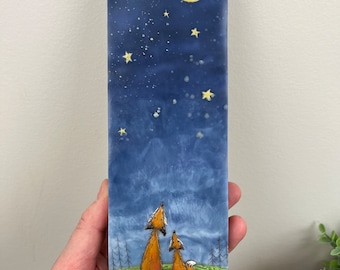 Encaustic beeswax painting of foxes stars and moon, I love you to the Moon and Past the Stars, parent child love