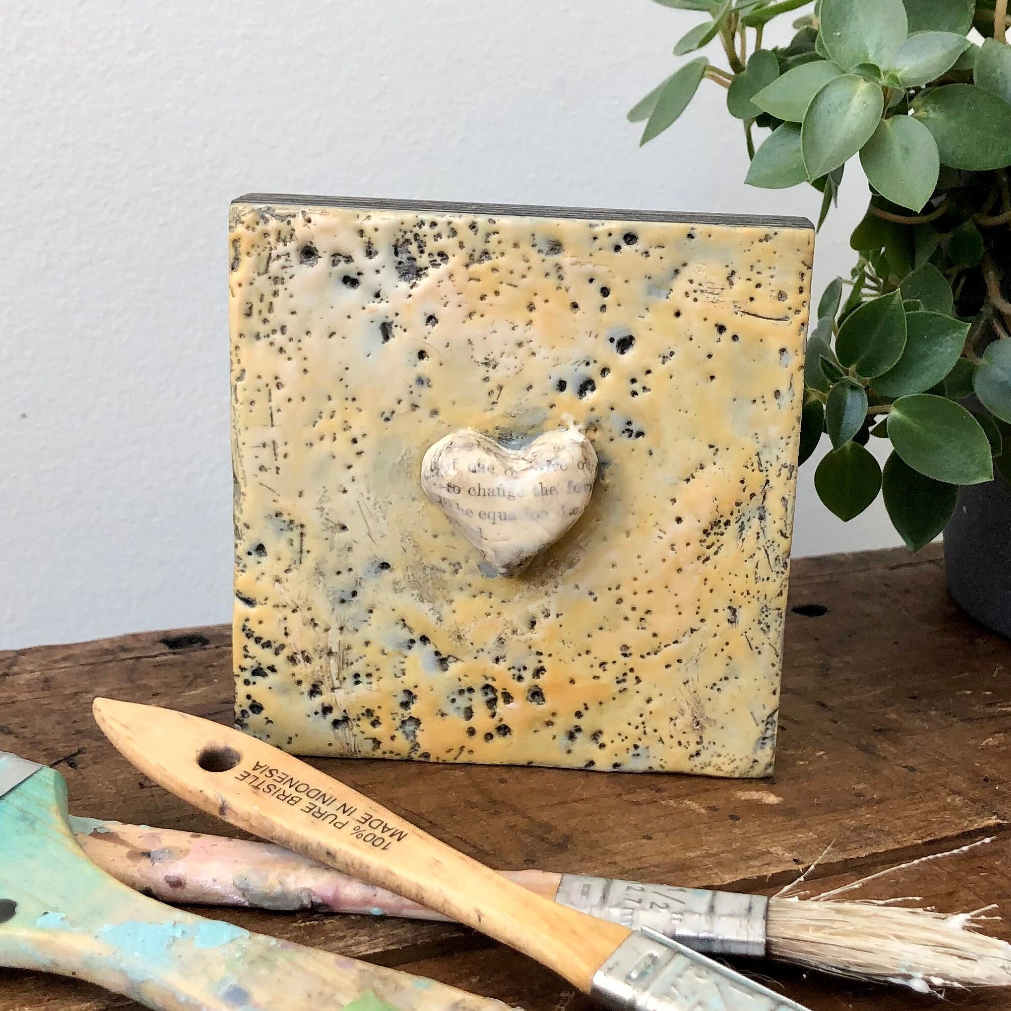 Encaustic Heart Painting: Vintage Paper, Beeswax Art (4x4)