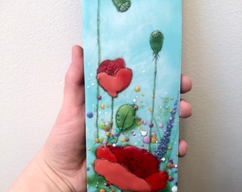 Poppy painting on wood, 10”x3” original encaustic art, poppies art for small spaces, original poppy art, flower art, brendawalkerart,