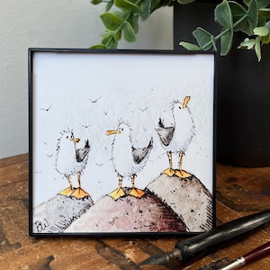 Alberne Möwen Kunst, Druck von ursprünglicher Aquarell-Illustration, gerahmt 4 "x 4" Druck für kleine Räume, hängen oder sitzen, Küstendekor