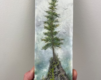 Encaustic landscape trees mountains landscape,10x3 small original encaustic painting by Canadian artist Brenda Walker, unique beeswax gifts