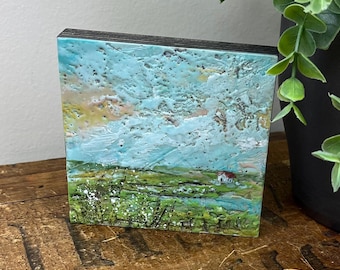 Abstract encaustic landscape painting, original beeswax painting, textural art, mini small 4”x4” unique handmade Brenda walker Canadian art