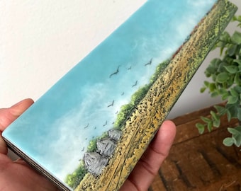Prairie Silos Train landscape, 3&quot;x10&quot; original beeswax painting by Canadian Encaustic artist Brenda Walker, unique 16 wax anniversary gifts