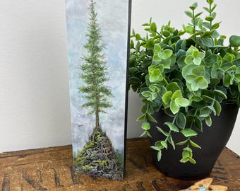 trees and mountains painting, landscape,10x3 small original encaustic painting by Canadian artist Brenda Walker, unique beeswax gifts