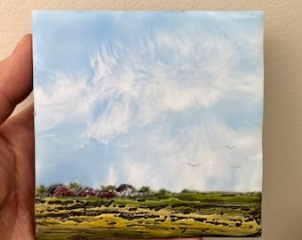 Encaustic painting of prairie wheat fields and birds, Canadian Canada art painting, 16th wax anniversary gift for husband wife, beeswax art