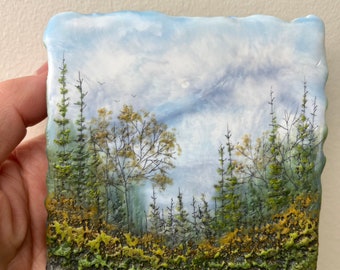 encaustic beeswax mountain forest landscape painting, pine trees lake nature art, 16th wax anniversary gift him her them