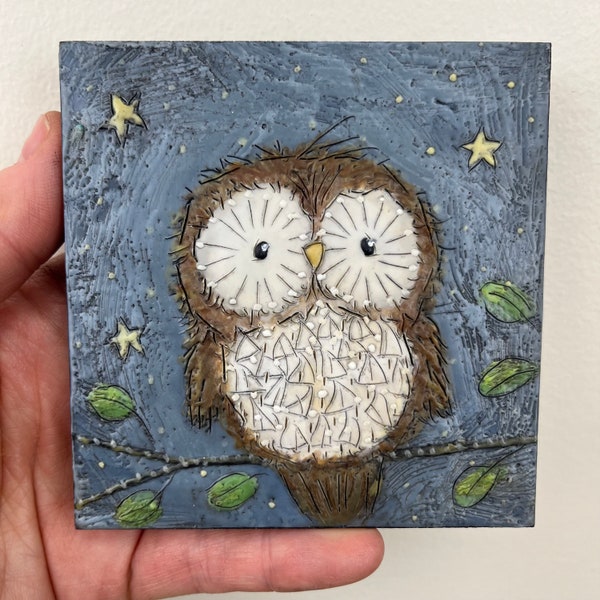 Encaustic Owl painting, 4”x4” owl bird painting bird art, mini beeswax painting, whimsical illustrative style owl lover art, handmade Canada