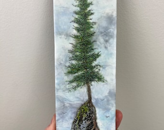 Encaustic landscape trees mountains landscape,10x3 small original encaustic painting by Canadian artist Brenda Walker, unique beeswax gifts