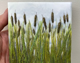 mini encaustic cattail painting, 4x4 art, beeswax painting, beeswax art, encaustic painting, Prairie art,  textural landscape painting,