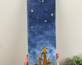 Encaustic beeswax painting of foxes stars and moon, I love you to the Moon and Past the Stars, parent children family love, family bonds