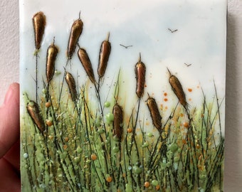 Encaustic bulrush cattails 4”x4” small painting, encaustic beeswax prairie bullrushes cattails art, small art for small spaces
