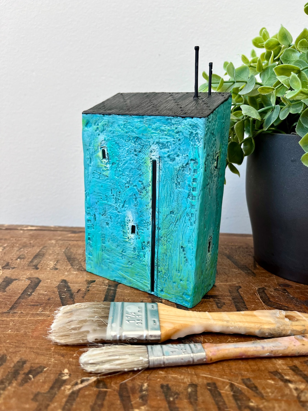 6x4 Blue Encaustic House, Encaustic/mixed Media, House Sculpture, Wood