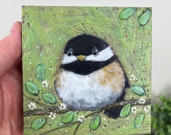 Encaustic Chickadee painting, bird painting, 4”x4” painting, encaustic art, bird art, mini painting, beeswax painting, beeswax