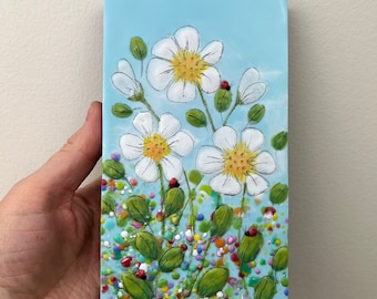 Daisy and ladybugs encaustic painting, rainbow color wax art, daisy garden encaustic original painting, handmade canada