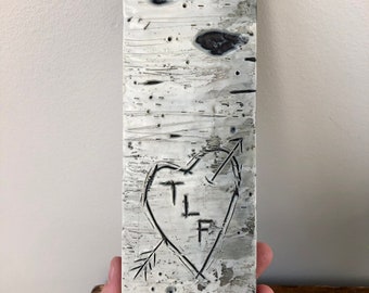 true love forever heart on encaustic beeswax birch, carved initials gift for partner, wax anniversary gift, wedding gift, engagement dating
