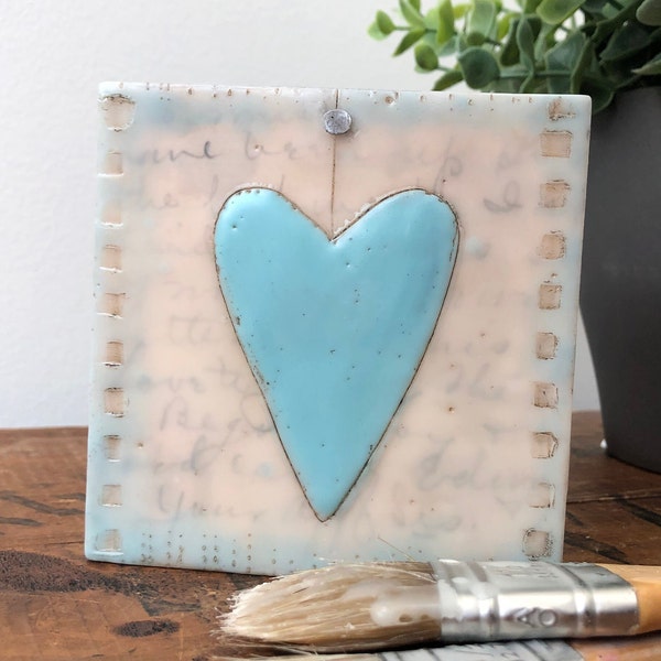 Blue Encaustic Heart on antique paper, 4”x4”, hanging mini heart painting, small heart art, Brenda Walker encaustic art, vintage paper