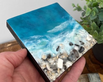 Ocean waves encaustic beeswax painting with real shells and sand, mini ocean waves seashore painting, ocean tide coming in at your feet art