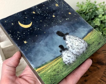 I love you to the moon and past the stars, Encaustic beeswax sheep painting 7”x4”, adoption family engagement wedding gift, beeswax art