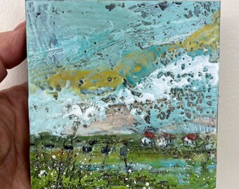 Abstract encaustic landscape painting, original beeswax painting, textural art, mini small 4”x4” unique handmade Brenda walker Canadian art