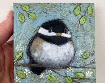 Encaustic Chickadee painting, bird painting, 4”x4” painting, encaustic art, bird art, mini painting, beeswax painting, beeswax
