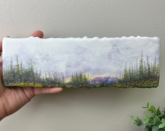 Encaustic landscape trees mountains landscape small original encaustic painting by Canadian artist Brenda Walker, unique beeswax gifts